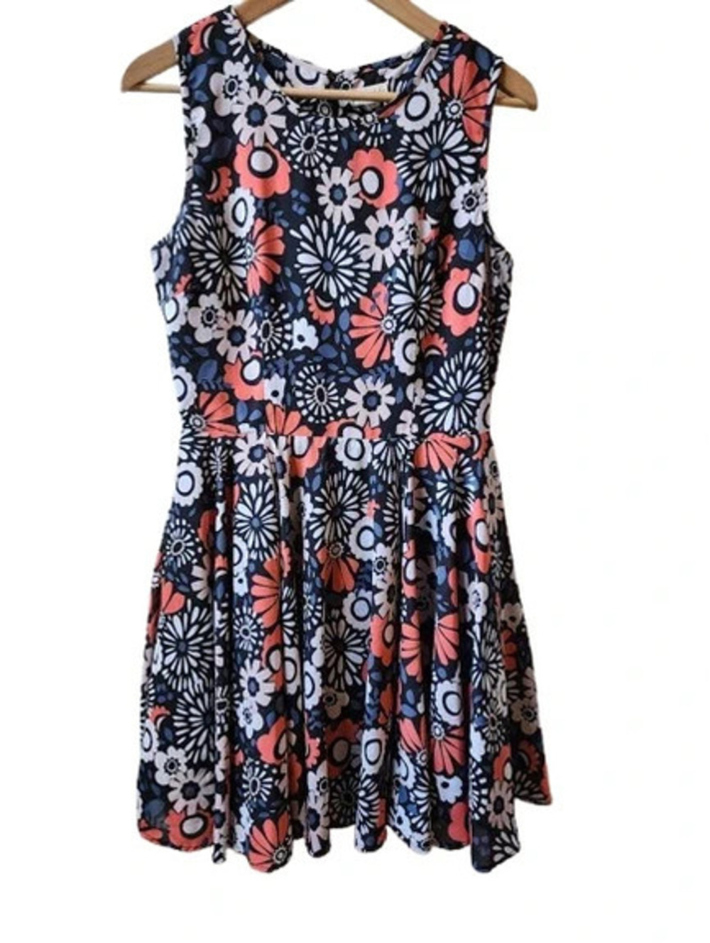 Retro Flare Dress Floral Sleeveless Fitted Top Flared Skirt Medium